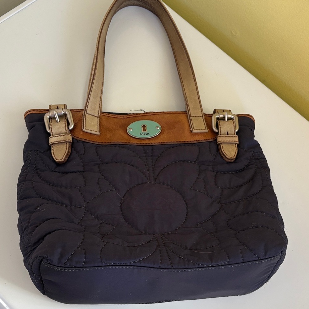 Fossil Key-per Navy Quilted Fabric and Leather Shoulder Bag